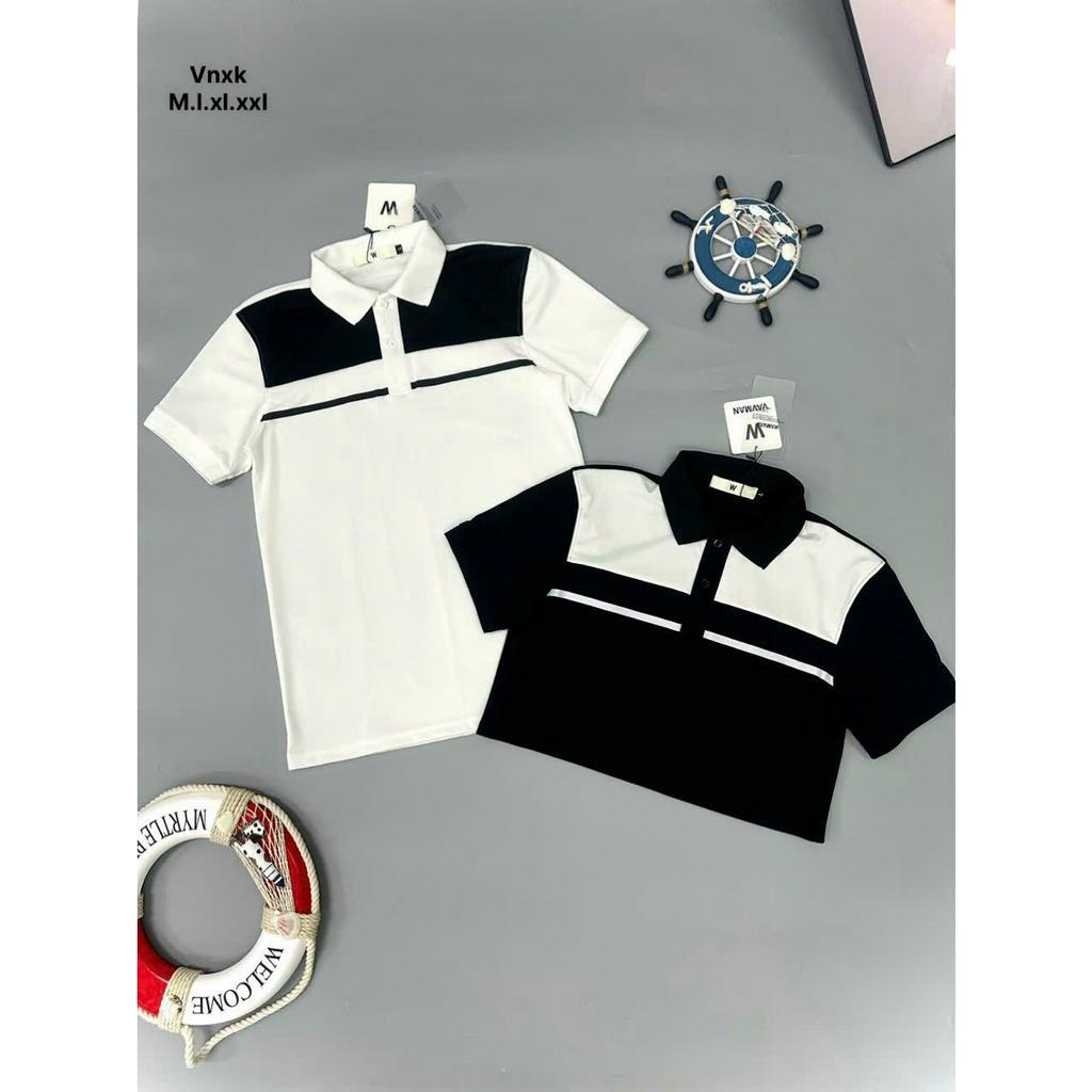 Áo thun nam ngắn tay POLO phối trắng đen đơn giản vải cotton giãn bốn chiều