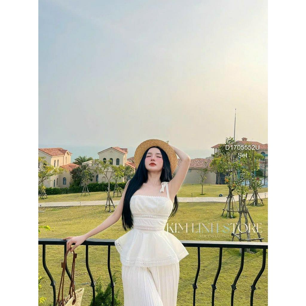 Set áo 2 dây peplum viền ren phối quần ống suông
