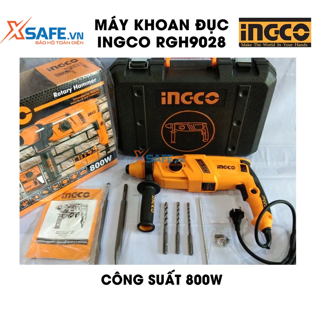 Máy khoan búa dùng pin 3 chức năng 800W INGCO RGH9028 đầu gài sds plus, tốc độ 1200 rpm tốc độ búa 5300bpm, lực đập 2.5j