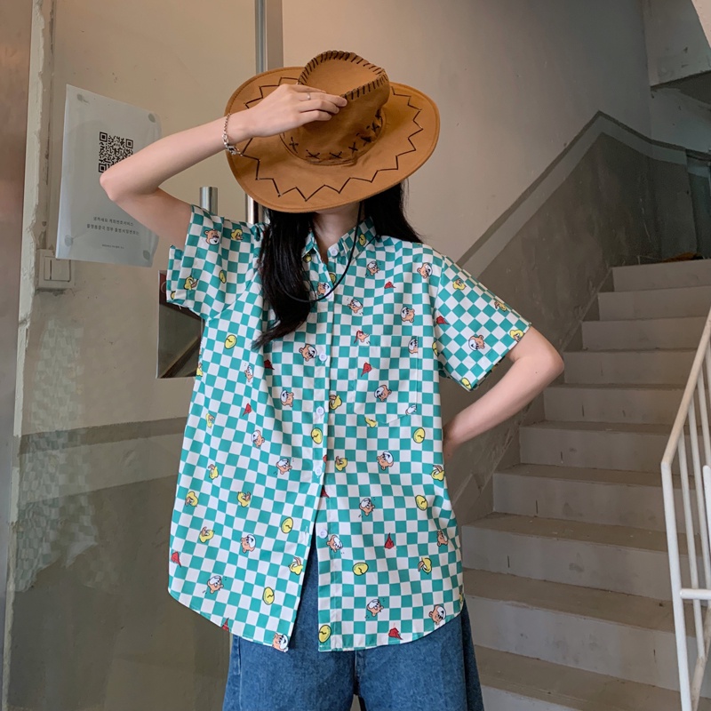 【ZHELIHANGFEI】Áo Sơ Mi Tay Ngắn Form Rộng Họa Tiết Sọc Theo Phong Cách Preppy Dễ Phối Đồ