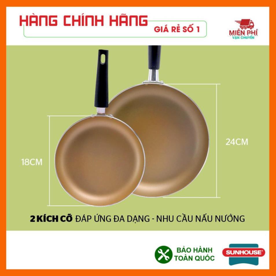 Cặp chảo nhôm trơn cạn SUNHOUSE Phi 18 + 24 (Xanh - Sampanh), chảo chống dính SHS2418