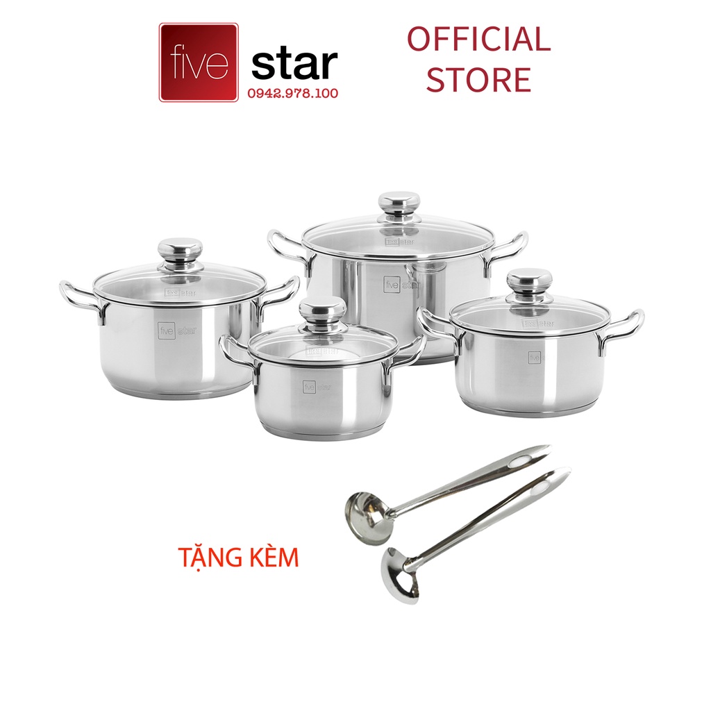 Bộ nồi 3 đáy inox 430 FiveStar Standard 4 món nắp kính FS08CG ( tặng 2 muỗng canh)