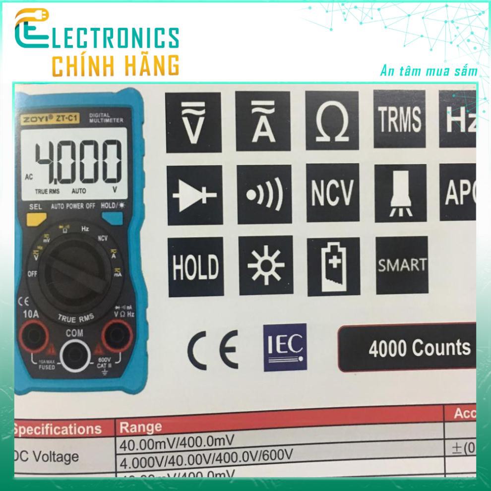 Đồng hồ vạn năng kỹ thuật số Zotek Zoyi Zt-C1 Multimeter bỏ túi đa chức năng đo AC/DC ôm Hz, rò nguồn điện