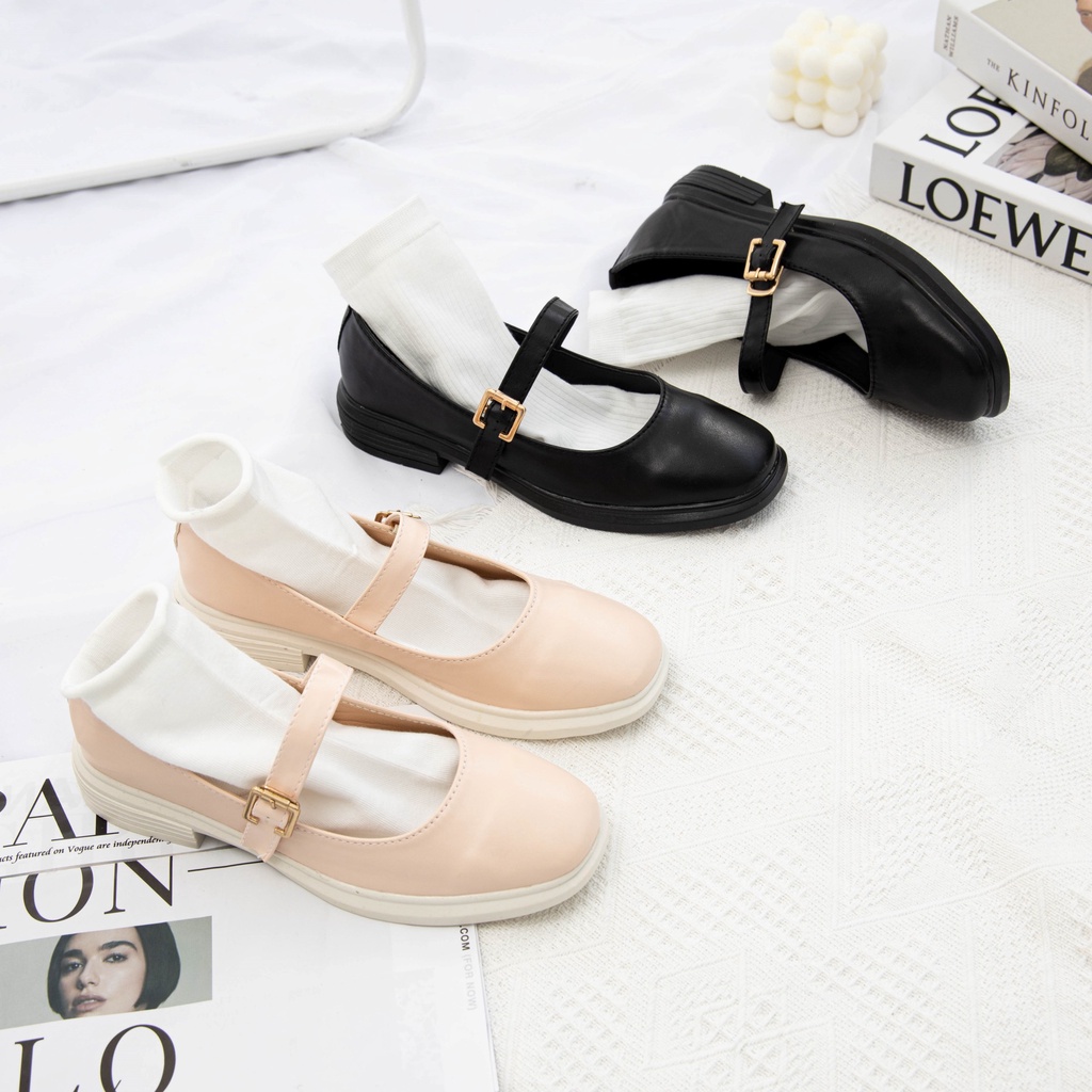 Giày MWC 2252 -  Giày Búp Bê Da Mũi Tròn Thiết Kế Kiểu Dáng Basic Thanh Lịch Màu Kem Đen