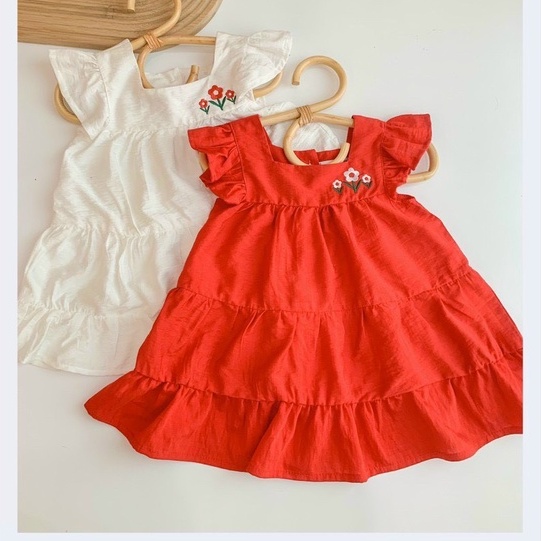 VNXK-ĐẦM ZARA ĐỎ/TRẮNG THÊU HOA SIÊU XINH CHO BÉ GÁI -MÃ ĐBG08