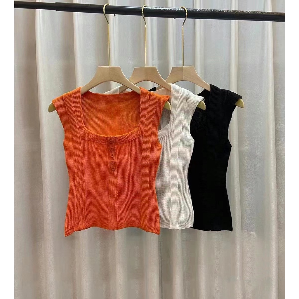 DUNEA Áo tanktop cổ vuông màu trơn phối nút thiết kế ôm sát tôn dáng