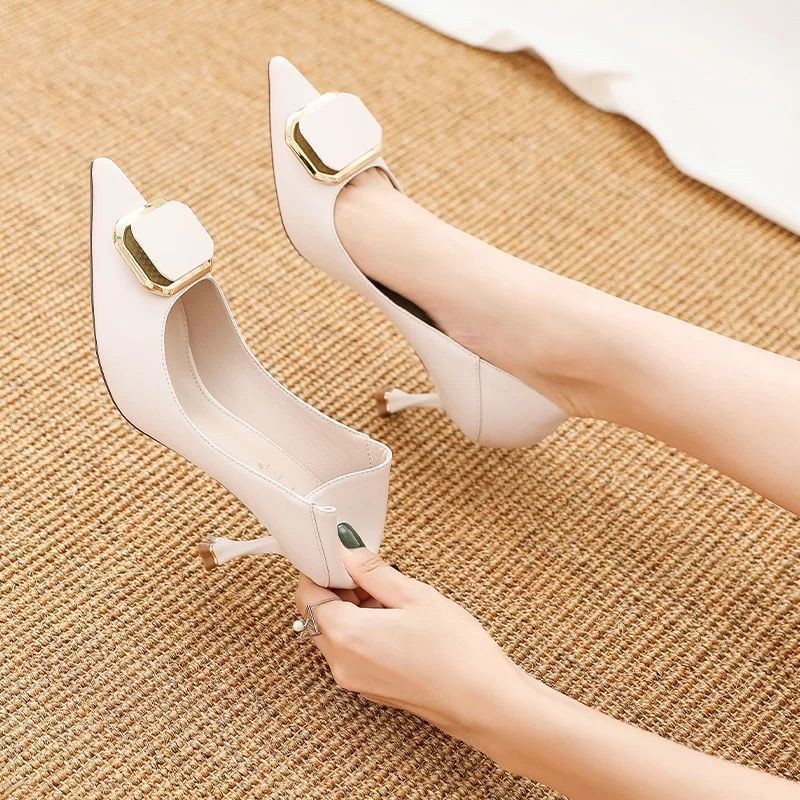 ❃✿❀European and American temperament rhinestone square buckle high heels female 2021 spring autumn new sexy French pointed stiletto dress shoes