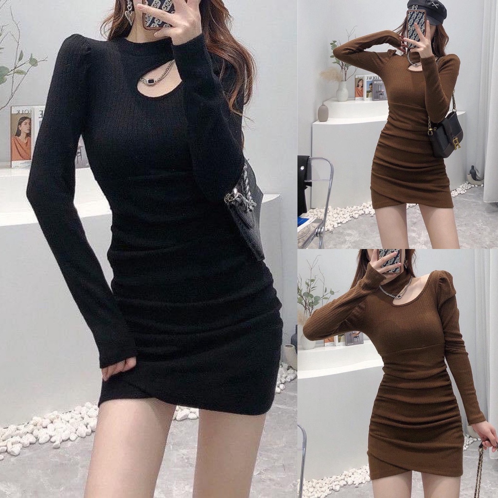 Đầm Body Cổ Tròn Tay Dài Nhún Sườn Khoét Vai Chất Thun Gân Thích Hợp Mặc Đi Tiệc Đi Làm Đi Chơi (ĐEN+NÂU)