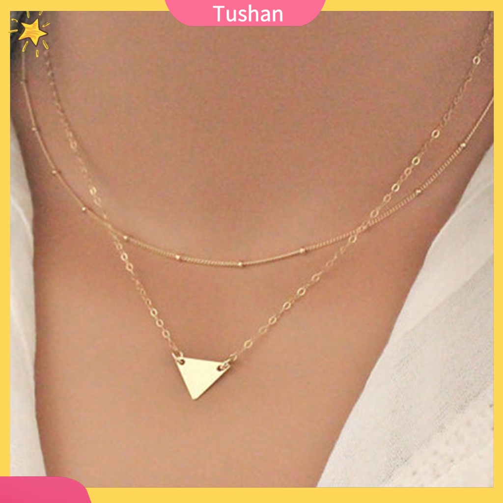 TUSH_Women Simple Stylish Multilayer Chain Geometric Triangle Pendant Short Necklace