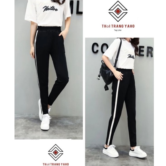Quần jogger nữ dây rút chất vải UMI màu đen phối 1 sọc trắng co dãn 4 chiều Quần thể thao nữ dài mặc tập gym yoga đi học