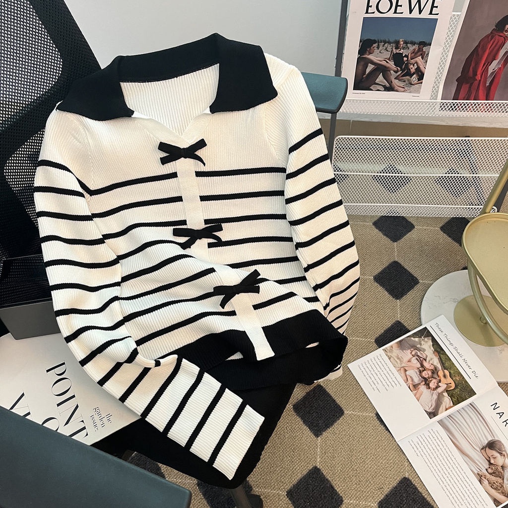 Áo Dệt Kim Tay Dài Cổ Chữ V Thắt Nơ Họa Tiết Kẻ Sọc Màu Sắc Thời Trang Mùa Thu Dành Cho Nữ