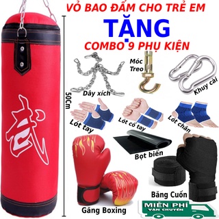 [Bao cát đấm bốc trẻ em] Vỏ bao cát đấm bốc cho bé dài 50cm tặng kèm full combo 9 quà phụ kiện hỗ trợ bé tập boxing mma