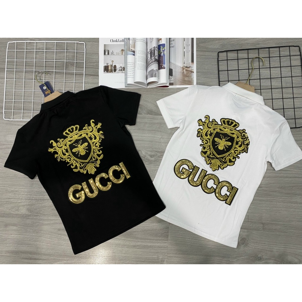 Áo thun nam ngắn tay cổ trụ kim sa hoa tiết GUCCI thêu con ong