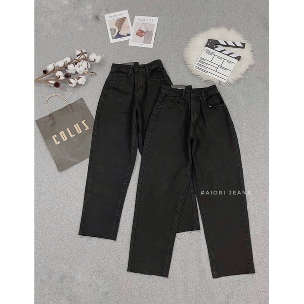 Quần Jean Nữ Aiori Fashion Baggy Lưng Cao Trơn Màu Đen Quần Bò Cạp Cao Phong Cách Thời Trang Hàn Quốc_Mã 081