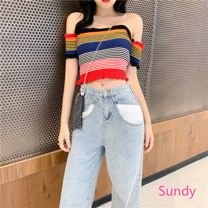 Áo croptop dệt kim hoạ tiết kẻ sọc cầu vồng phong cách Hàn Quốc