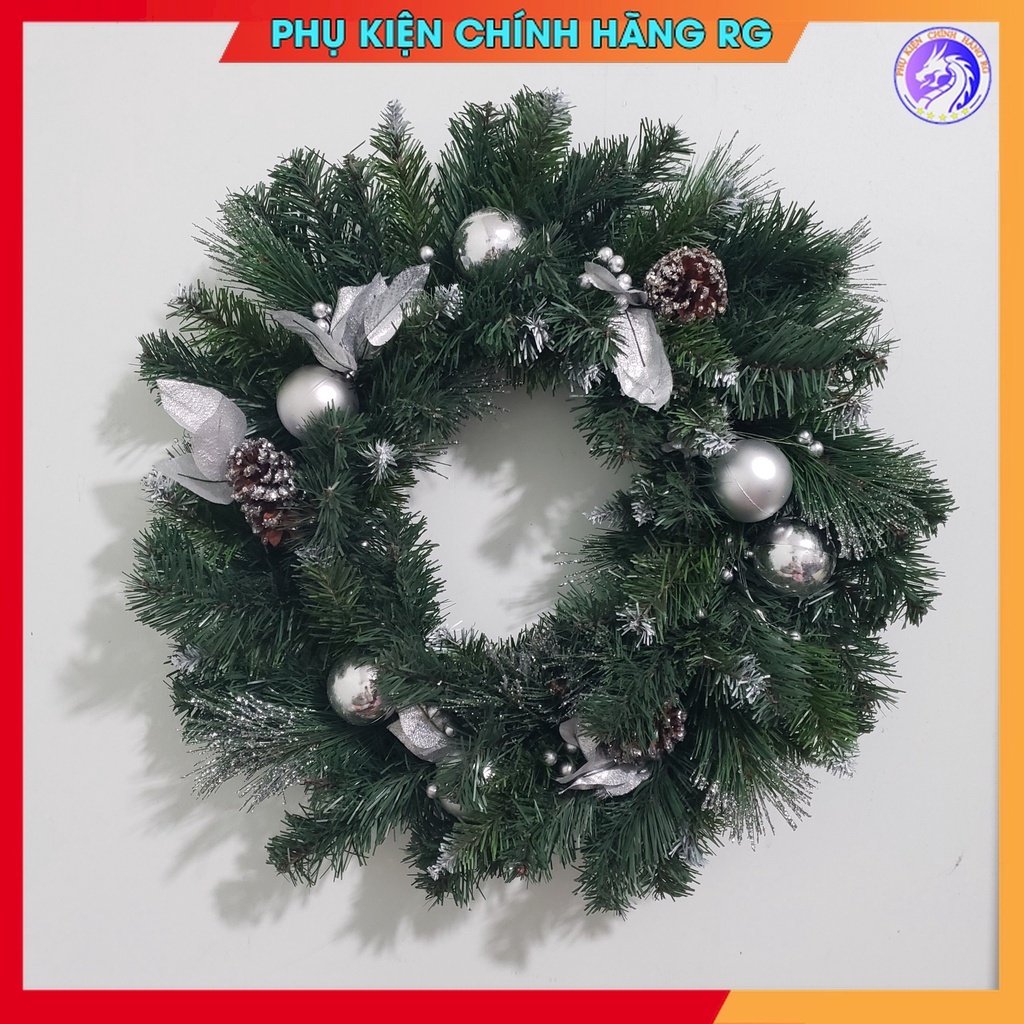 Vòng treo cửa giáng sinh vòng nguyệt quế trang trí noel giá rẻ đẹp lung linh màu xanh bạc