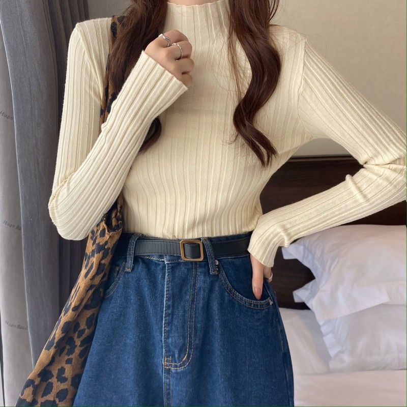 Áo Dệt Kim Cổ Lọ Tay Dài Dáng Ôm Họa Tiết Kẻ Sọc Thời Trang Mùa Đông Cho Nữ