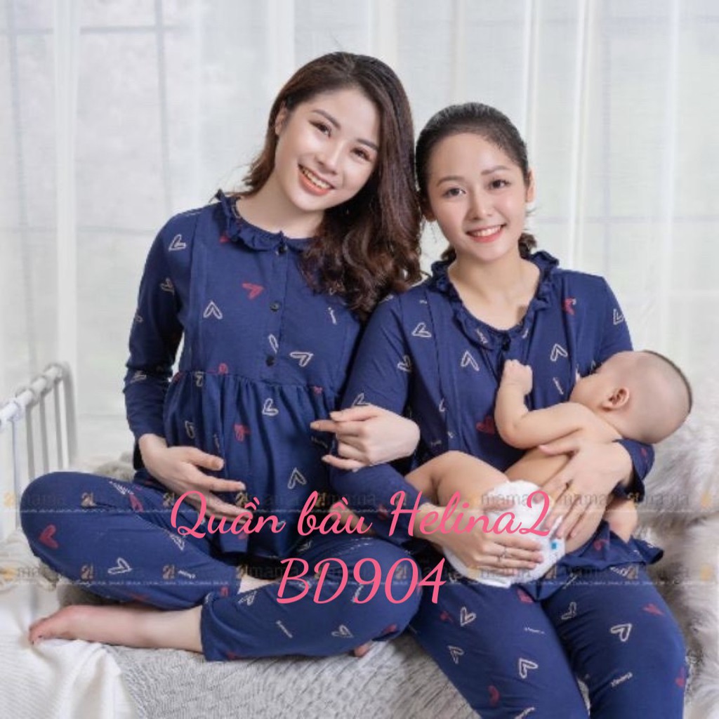 Bộ đồ bầu và sau sinh dài tay thiết kế cổ bèo siêu xinh có kéo khóa ngực cho con ti BD904