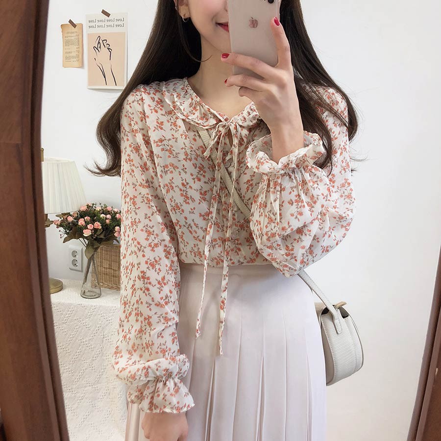 SUXI Áo Sơ Mi Chiffon Tay Dài Phối Bèo Họa Tiết Hoa Phong Cách Hàn Quốc