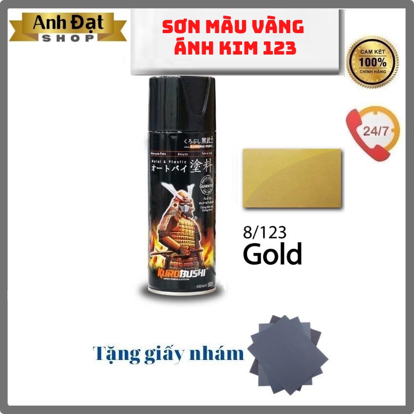 Sơn xịt samurai màu vàng ánh kim 123, dung tích 400ml, có khả năng kháng xăng (A92,A95), chống rạn nứt, bình xịt