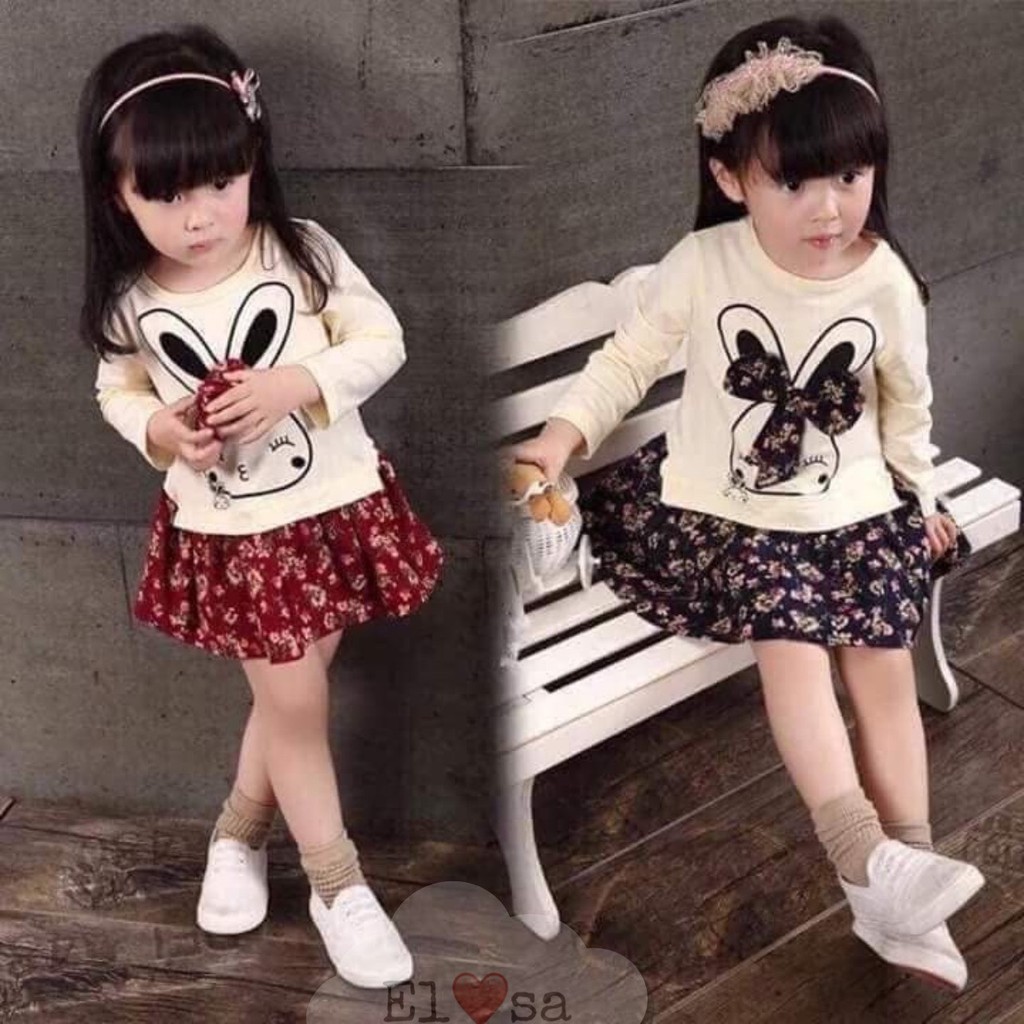 Váy bé gái - Váy thu đông họa tiết thỏ hoa siêu xinh cho bé 1-6 Tuổi