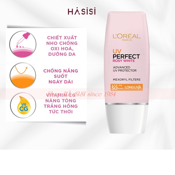 Chống Nắng Bảo Vệ Và Dưỡng Da Trắng Hồng Tức Thì Cho Da Sạm Màu L'OREAL UV PERFECT ROSY WHITE SPF50 PA++++ LONG UVA 30ml