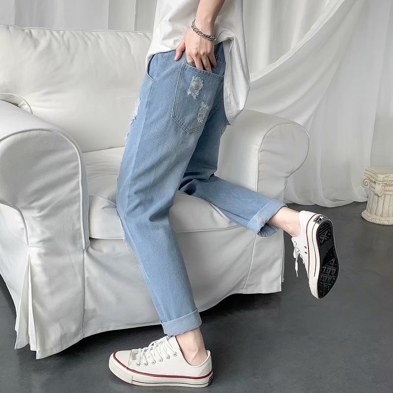 Quần Jeans Lưng Thun Co Giãn Ống Rộng Phối Rách Size Lớn M-5Xl