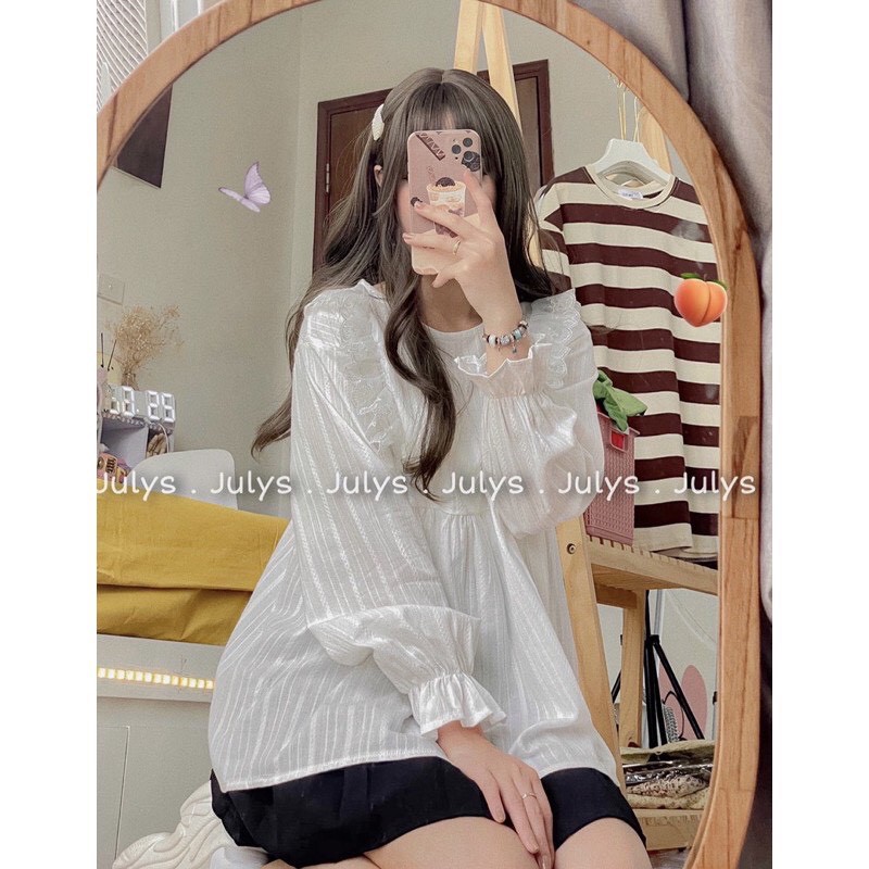 Áo babydoll trắng viền ren bèo chun tay ulzzang