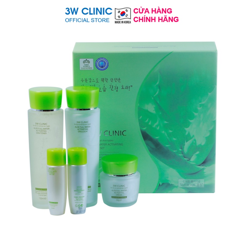 Bộ dưỡng ẩm dưỡng trắng da cấp nước chiết xuất từ tinh chất Lô Hội 3W CLINIC Hàn Quốc