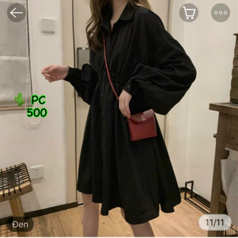 Đầm sơ mi babydoll xòe tay dài xinh xắn‐BC