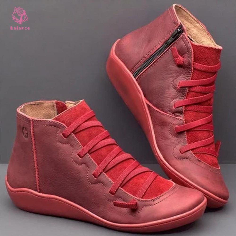 Giày Bốt Da Đế Bằng Cổ Thấp Có Khóa Kéo Thoải Mái Phong Cách Vintage Cho Nữ
