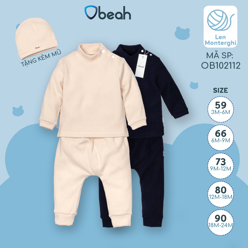 Obeah Set bộ kèm mũ chất liệu nhung tăm ấm áp Fullsize cho bé yêu từ 0 đến 24 tháng