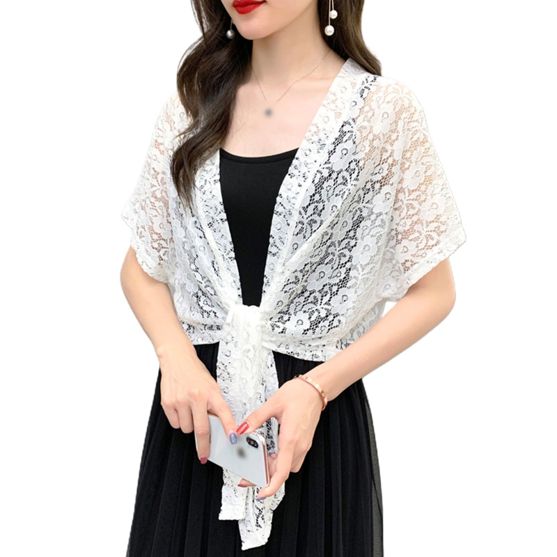 Áo Cardigan Tay Ngắn Vải Ren Lưới Xuyên Thấu Thắt Dây Phía Trước Thời Trang Mùa Hè Cho Nữ