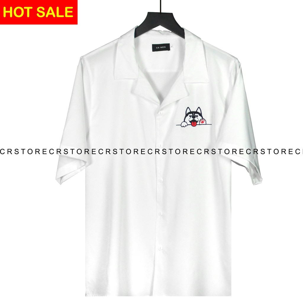 Áo Sơ Mi Tay Lỡ Cổ Vest CR MEN SMILE HUSKY Trắng Đen unisex nam nữ trơn vải lụa mềm