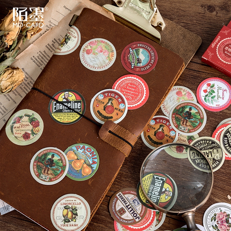 Hộp 45 Sticker Dán Trang Trí Sổ Lưu Niệm Hình Tròn Logo Vintage Box Sticker ST289