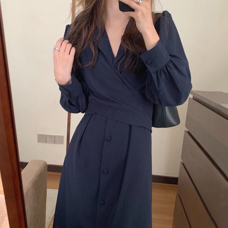Đầm Nữ Dài Ngang Gối Cổ Bẻ Nhấn Eo Thời Trang Mùa Thu Mới