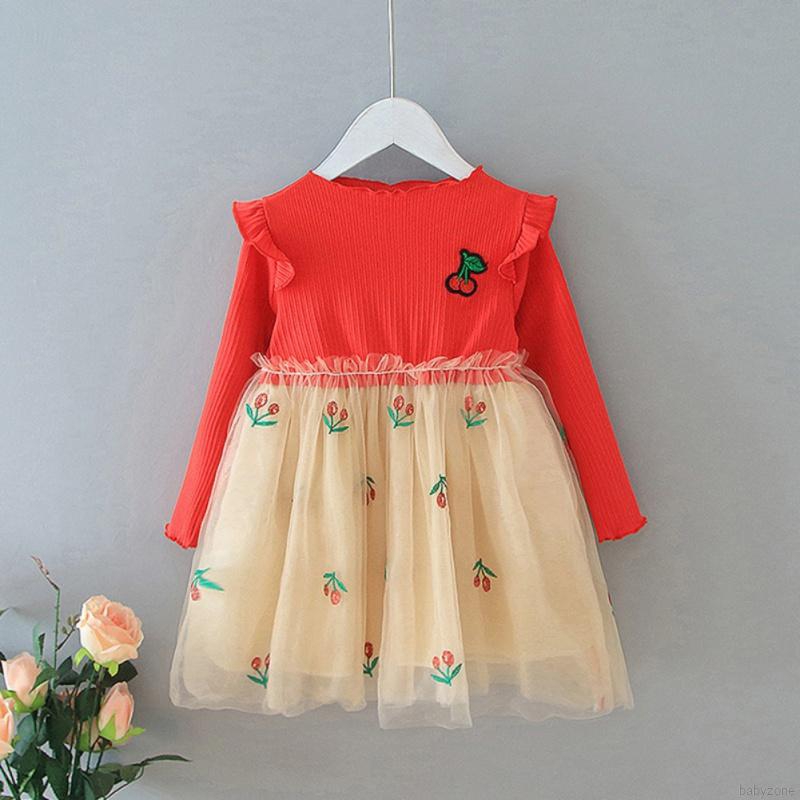 Đầm lưới dài tay in họa tiết trái cherry xinh xắn dành cho bé gái