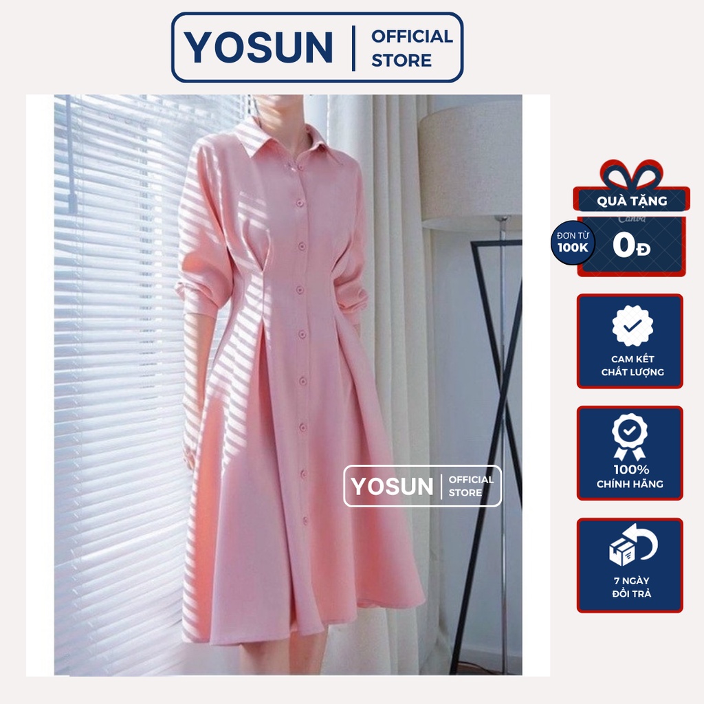 Đầm Sơ Mi Công Sở Xếp Li Eo Tay Nút Trước Tay Lỡ Trẻ Trung, Đầm Nữ Form Ngắn Dáng Xòe Màu Hồng Pastel