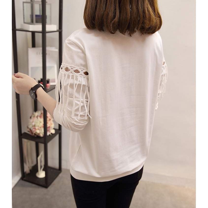 Thời Trang Nữ Áo thun,Phiên bản tiếng hàn Áo thun rộng Phong cách đại học Áo len tua rua rỗng M-4XL,Bông pha trộn【lyfs】