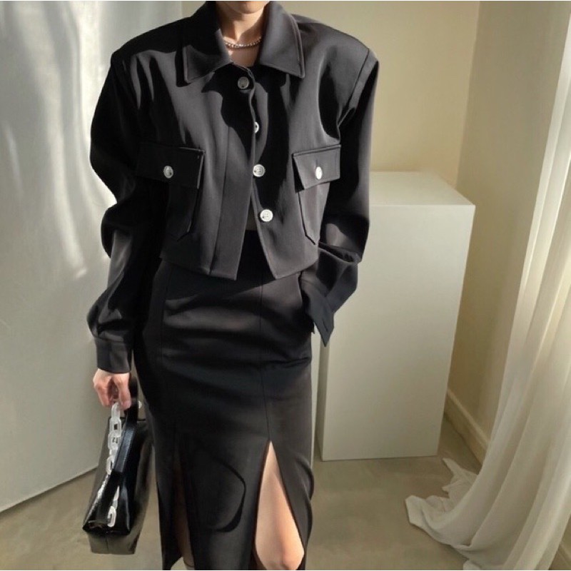 Set áo khoác blazer croptop túi hộp+chân váy dài xẻ tà thiết kế hiện đại phong cách ulzzang SAM SAM BOUTIQUE