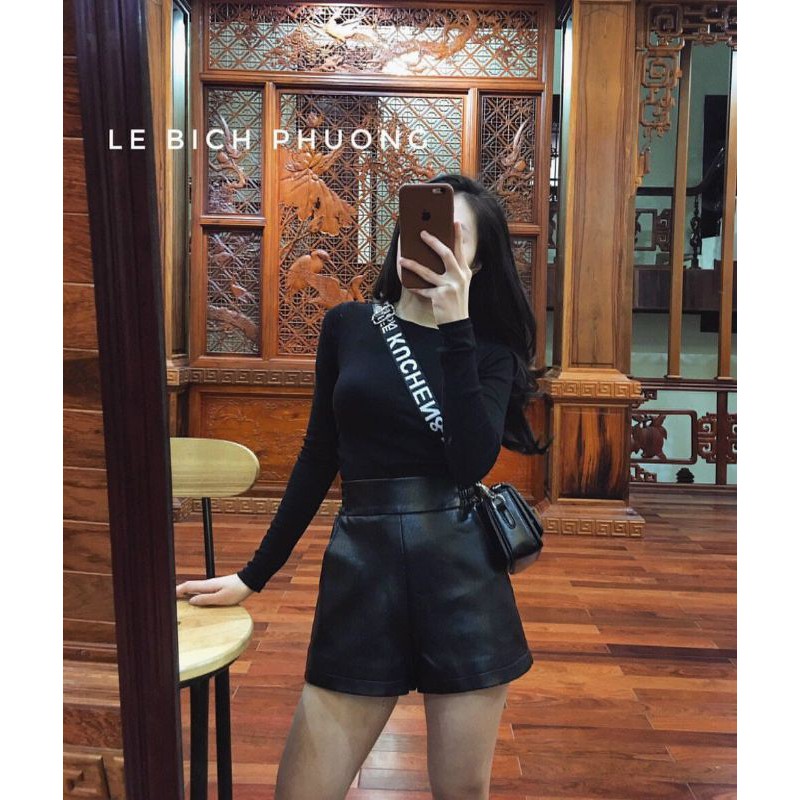Quần sooc da cạp chun hai eo khóa sau hàng QC