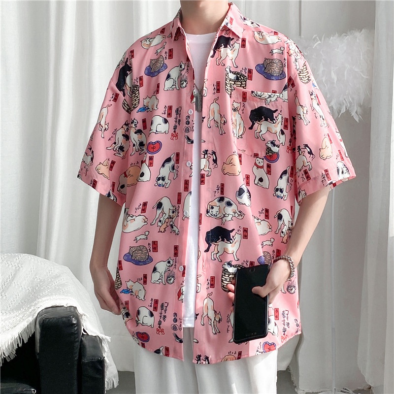 Slim Short Sleeve T-shirt Printed with Japanese Cartoon Cats and Dogs Slim Design Summer Fashion Men's 2022