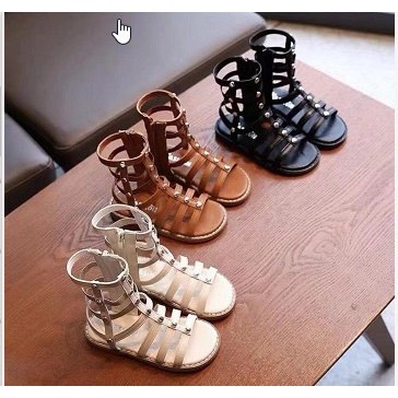 Sandal chiến binh cho bé gái có khóa kéo da PU mềm đính đinh cá tính thời trang full hộp 370