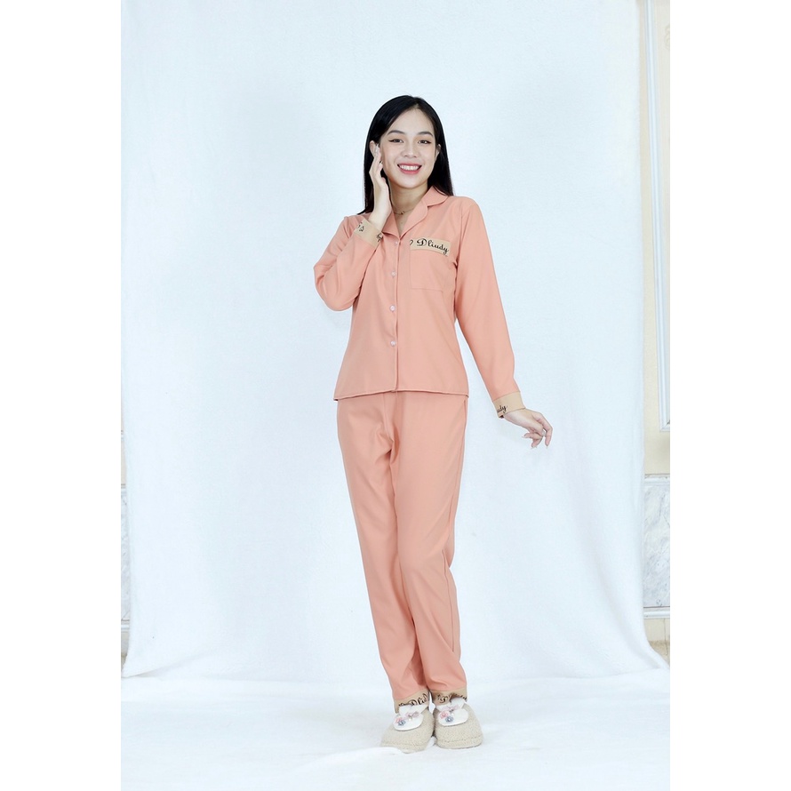 Bộ đồ bộ Pijama MÀU HỒNG CAM QUẦN DÀI TAY DÀI PHA CHỮ siêu lụa  - Thoải Mái Nhẹ Nhàng co giãn nhẹ