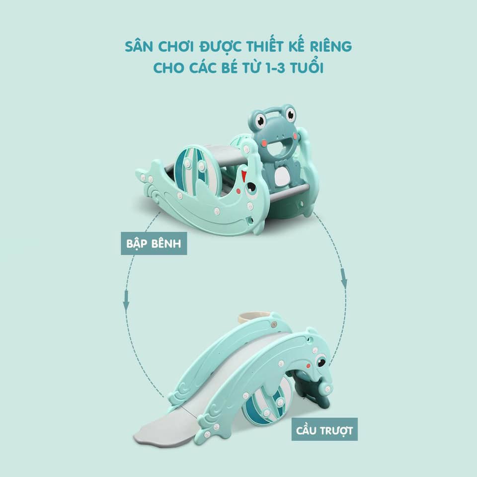 FREE SHIP !!! Đồ chơi cầu trượt 3in1 Cá Heo 9BABY, biến hình bập bênh và cột bóng rổ - XANH