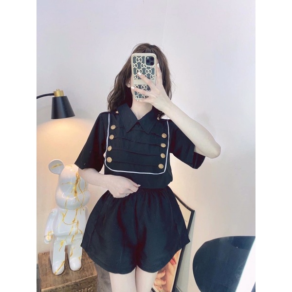 Áo sơ mi nữ tay ngắn- áo kiểu thủy thủ phối cúc
