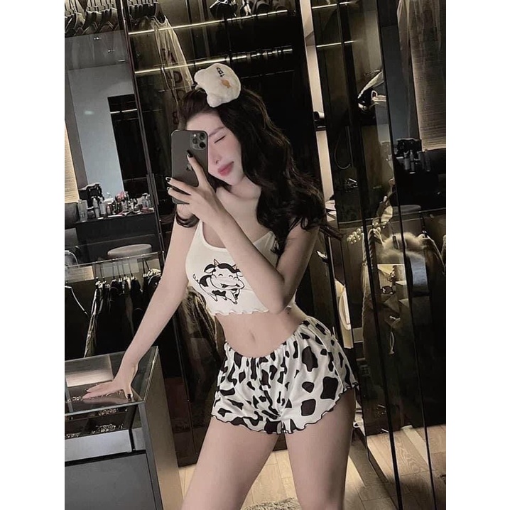Bộ Ngủ 2 Dây Bò Sữa  Quần Short - Set Áo Hai Dây Trâu Cute Mix Quần Đùi Báo Đốm Ngựa Vằn Bò Sữa