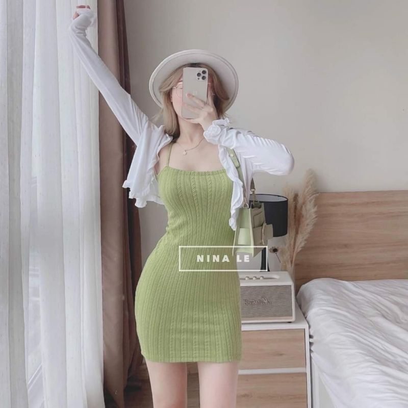 ĐẦM 2S BODY LEN XANH CHUỐI KÈM KHOÁC CROP TRẮNG