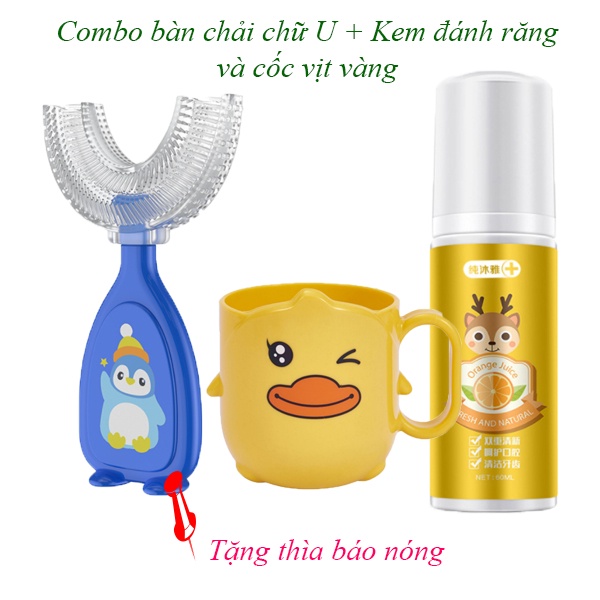 Bộ bàn chải đánh răng cho bé chữ U + cốc vịt + Kem đánh răng tạo bọt hương cam có thể nuốt được ( date 2024)