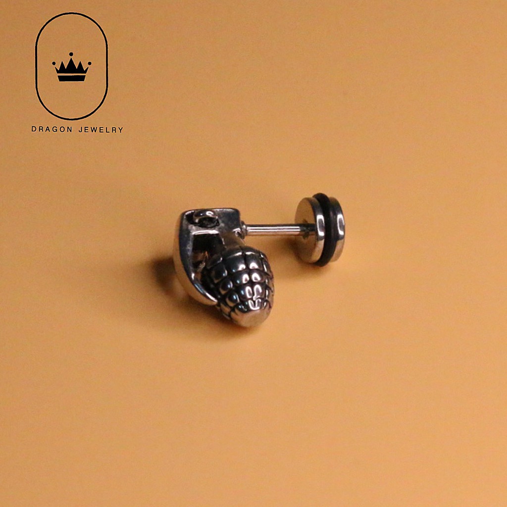 Khuyên tai nam nữ đẹp chất khuyên xỏ nam hoạ tiết lựu đạn cá tính Grenade Earring Dragon Jewelry Vietnam mã E35S1
